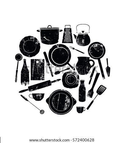 Utensils. Black Grunge Cutlery.  Kitchenware in Circle on White Background. Vector illustration. 