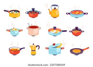 Utensils with cooking food differing dish processing on burning gas stove isolated set on white background. Cartoon vector illustration of fresh dinner or lunch preparation in kitchenware equipment