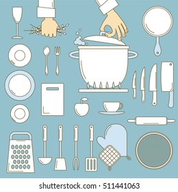 Utensils with cooks hands, line design illustration