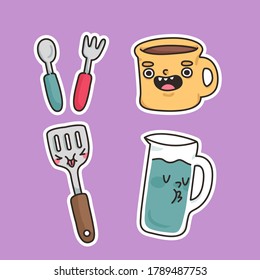 Utensils cup, spoon, fork, spatula and pitcher cute kitchen cartoon sticker illustration
