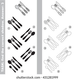 Utensils with different shadows to find the correct one. Compare and connect object with it true shadow. Easy educational kid gaming. Simple level of difficulty. Visual game for children.