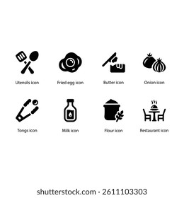 Utensils, Fried egg, Butter, Onion, Tongs, Milk, Flour, Restaurant, Black Icon Set