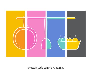Utensils and fruit hand drawn  on color stripe ,Vector illustrations