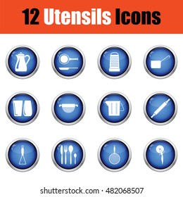 Utensils icon set.  Glossy button design. Vector illustration.