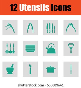 Utensils icon set. Green on gray design. Vector illustration.