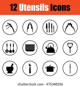 Utensils icon set.  Thin circle design. Vector illustration.