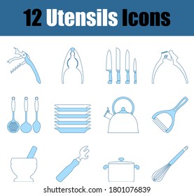 Utensils Icon Set. Thin Line With Blue Fill Design. Vector Illustration.
