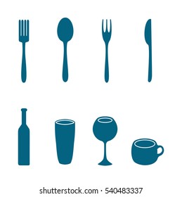 Utensils icons. Fork, knife, spoon, wine bottle and cups vector illustration. 