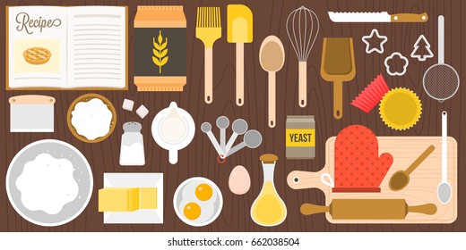 utensils and ingredients for bakery on wooden background in top view, flat design vector in aerial view