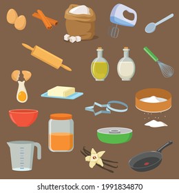 Utensilios e ingredientes para ilustraciones vectoriales de postre. Harina, bolsa de azúcar, vinagre, mantequilla, huevos, herramientas de cocina, sartén, whisky, mezclador aislado sobre fondo marrón. Receta, concepto de cocina