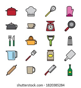 Utensils and kitchen color flat icons, Vector illustration in flat style