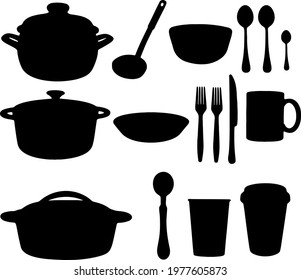 Utensils for the kitchen. Pot, ladle, bowl, spoons, cauldron, fork, knife, mug, shaker, glass. Vector image.