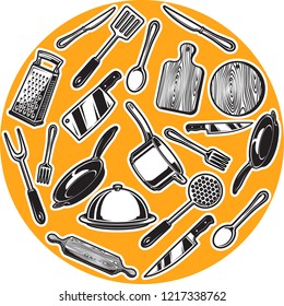 Utensils In Orange Circle Stock Vector Set Illustration
