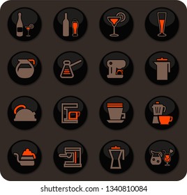 Utensils for the preparation of beverages color vector icons on dark background for user interface design