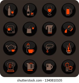Utensils for the preparation of beverages color vector icons on dark background for user interface design