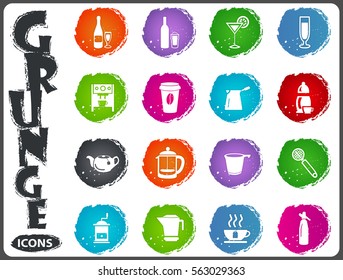 Utensils for the preparation of beverages icon set for web sites and user interface in grunge style