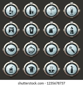 Utensils for the preparation of beverages vector icons in the stylish round buttons for mobile applications and web