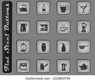 Utensils for the preparation of beverages vector web icons on the flat steel buttons
