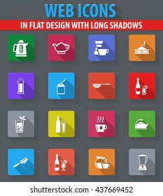 Utensils for the preparation of beverages web icons in flat design with long shadows