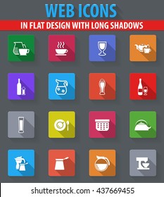 Utensils for the preparation of beverages web icons in flat design with long shadows