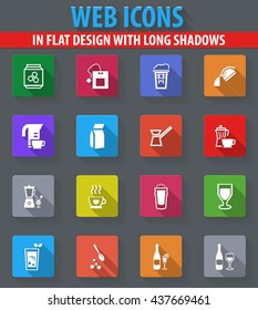 Utensils for the preparation of beverages web icons in flat design with long shadows