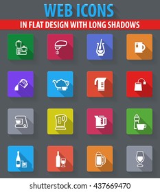 Utensils for the preparation of beverages web icons in flat design with long shadows