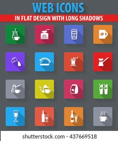 Utensils for the preparation of beverages web icons in flat design with long shadows