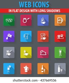 Utensils for the preparation of beverages web icons in flat design with long shadows