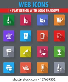 Utensils for the preparation of beverages web icons in flat design with long shadows