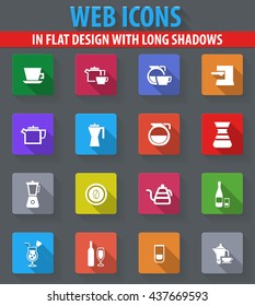 Utensils for the preparation of beverages web icons in flat design with long shadows