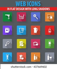 Utensils for the preparation of beverages web icons in flat design with long shadows
