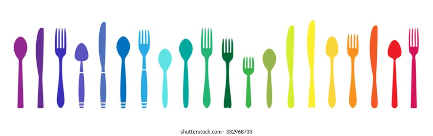 Utensils rainbow set. Knife, fork, spoon collection.