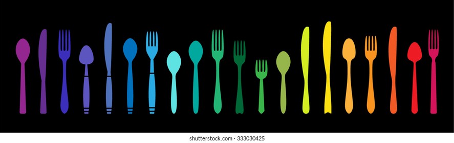Utensils rainbow set. Knife, fork, spoon collection.