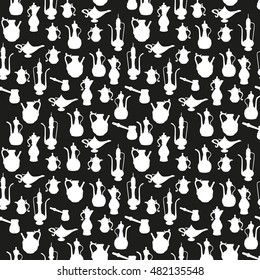 Utensils. Seamless pattern of spots of St. the form of the national Oriental dishes. Template for printing on fabric, textile, wrapping paper. Creating website design.