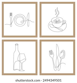 utensils set in continuous line drawing style. spoon,fork,steak knife line art decorative