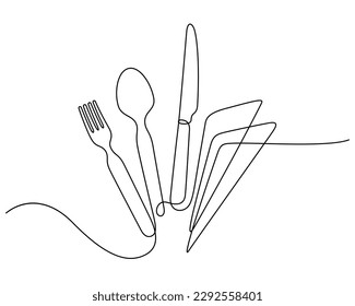 utensils set and napkin in continuous line drawing style. spoon,fork,steak knife line art decorative