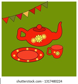 Utensils for tea. vector illustration Red Teapot, cup and saucer with floral yellow ornament. kitchenware for Educational cards, children books