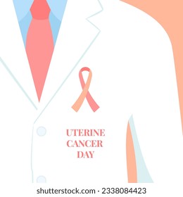 Uterine awareness day poster background. World skin cancer month. Doctor with peach color ribbon pin on white coat. Solidarity concept. Female health support. Medical vector illustration.