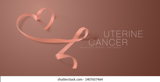 Uterine Cancer Awareness Calligraphy Poster Design. Realistic Peach Ribbon. September is Cancer Awareness Month. Vector