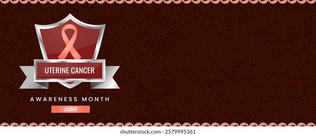Uterine Cancer Awareness Month banner, with peach ribbon, shield and space for text. Design for Banner or Header.