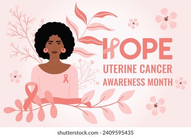 Mes de Concienciación sobre el Cáncer Uterino. Frase de esperanza. Mujer negra con flores y cinta de melocotón en el pecho. Prevención del cáncer y apoyo a la atención de la salud de la mujer ilustraciones vectoriales