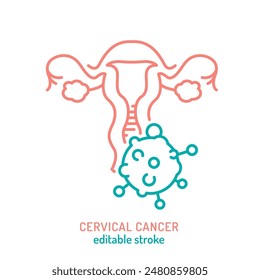 Umrisssymbol für Gebärmutterhalstumor. Zervixkarzinom. Lineares HPV-assoziiertes Piktogramm für Gebärmutterhalskrebs. Adenokarzinom-Zeichen. Das Gesundheitskonzept der Frau. Vektorillustration isoliert auf weißem Hintergrund