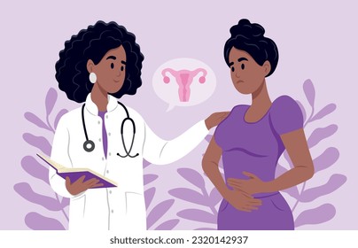 Uterine Fibroids symptoms, diagnostic and treatment. A black family doctor is talking to a patient with uterine fibroids. July is fibroid awareness month. Consultation of a gynecologist.