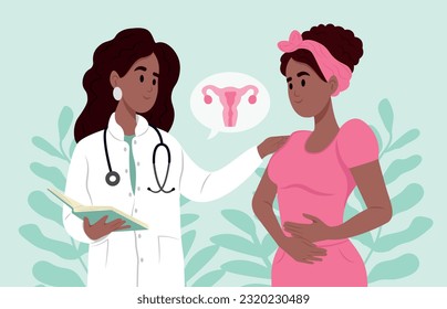 Síntomas de fibromas uterinos, diagnóstico y tratamiento. Un médico de familia negra está hablando con un paciente con fibromas uterinos. Julio es un mes de concientización fibroide. Consulta a un ginecólogo.