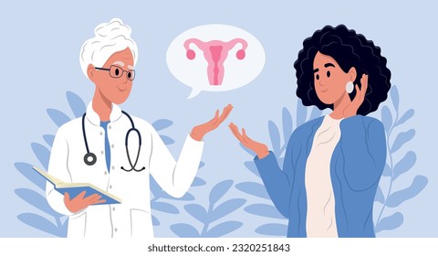 Uterine Fibroids symptoms, diagnostic and treatment. Elderly family doctor is talking to a patient with uterine fibroids. July is fibroid awareness month. Consultation of a gynecologist.