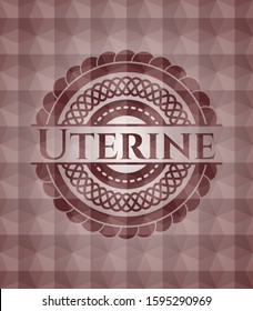 Uterine red emblem or badge with abstract geometric polygonal pattern background. Seamless.