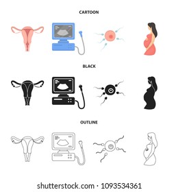 Uterus, apparatus of ultrasound, fertilization. Pregnancy set collection icons in cartoon,black,outline style vector symbol stock illustration web.