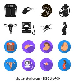 Uterus, apparatus of ultrasound, fertilization. Pregnancy set collection icons in black,flet style vector symbol stock illustration web.