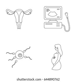 Uterus, apparatus of ultrasound, fertilization. Pregnancy set collection icons in outline style vector symbol stock illustration web.