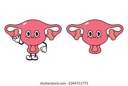 Carácter útero. Dibujo a mano del vector tradicional de caricatura vintage, retro, kawaii icono de ilustración del personaje. Aislado sobre fondo blanco. Concepto de carácter útero